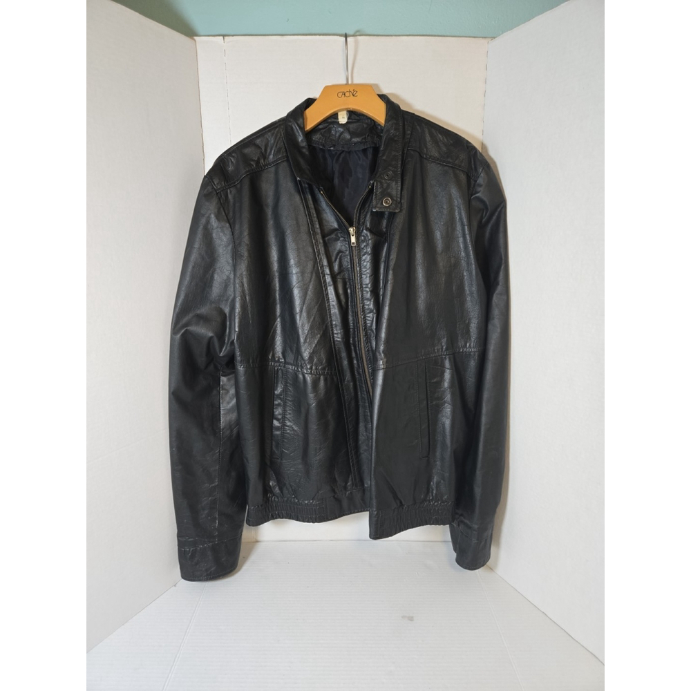 Mens Soft Genuine Leather Jacket Pockets Solid Black Line Size 44R